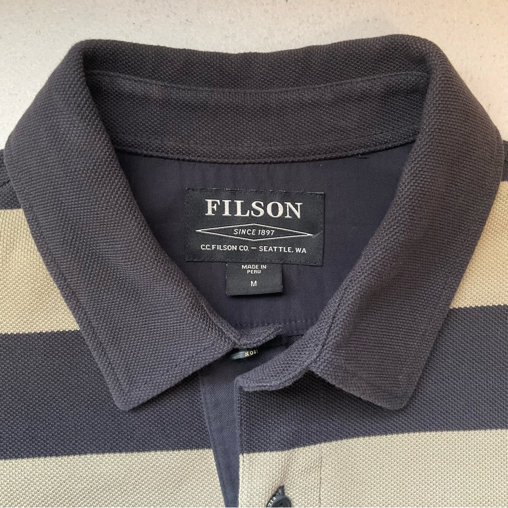 Filson Men’s Striped Polo Shirt Kakai & Faded Blue - Picture 9 of 14